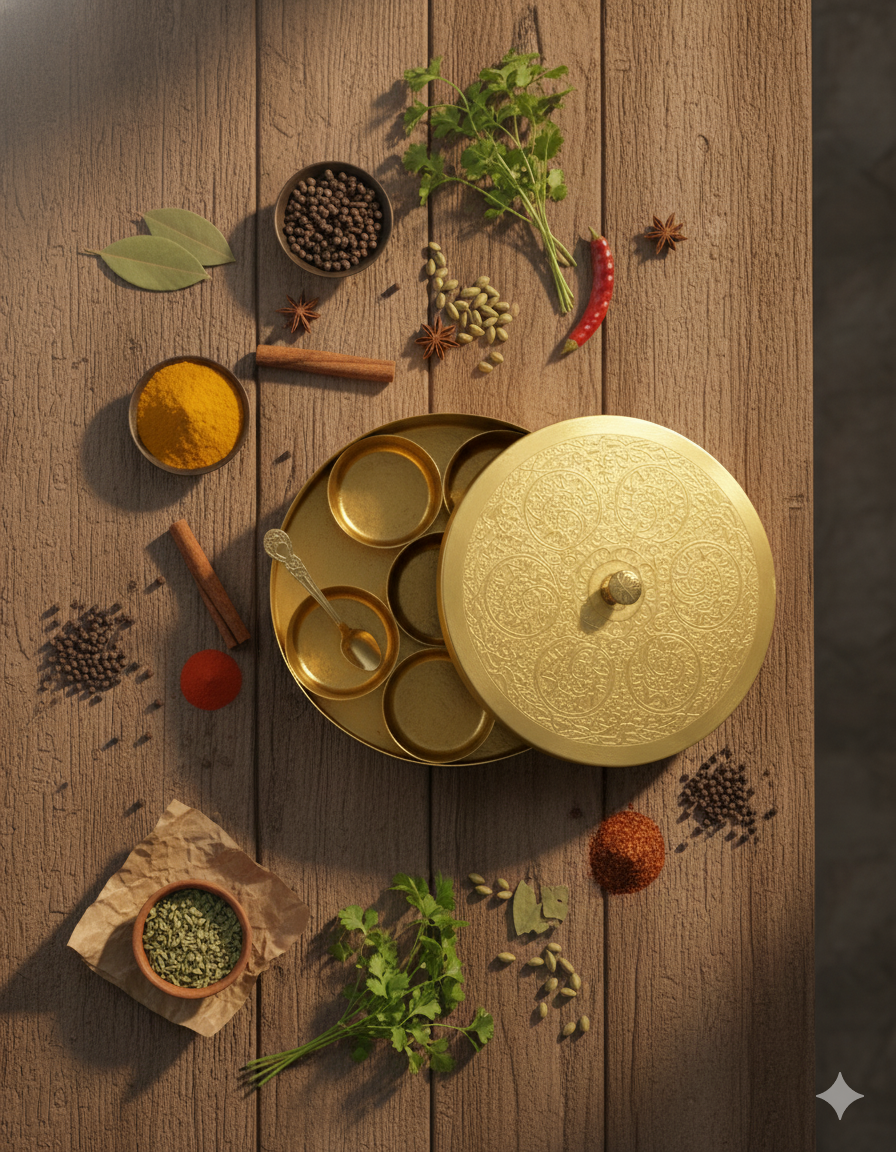 Brass Spice Box - 7 Containers (Traditional Masala Dabba) Brass product view 3 - Viviana London artisan collection